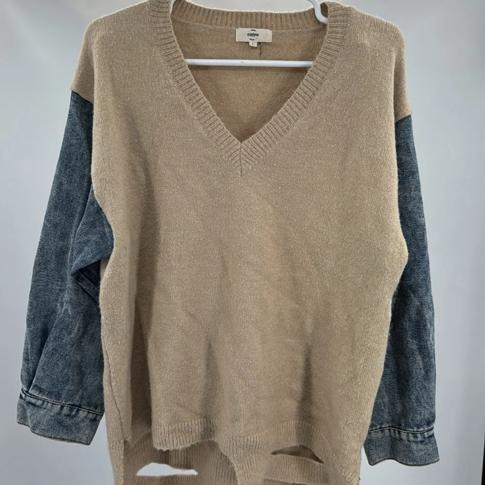 Entro Tan V-Neck denim sleeve contrast distressed sweater casual mixed material - Picture 9 of 13